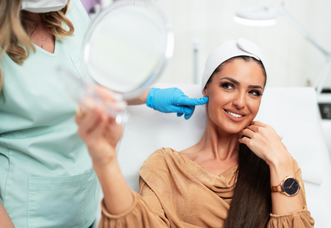Smiling woman in a beige top sits in a clinic, holding a mirror as a clinician in teal scrubs with gloves checks her face.