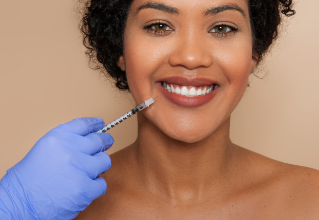 Smiling woman receiving a cosmetic lip injection from a gloved hand holding a syringe near her mouth.