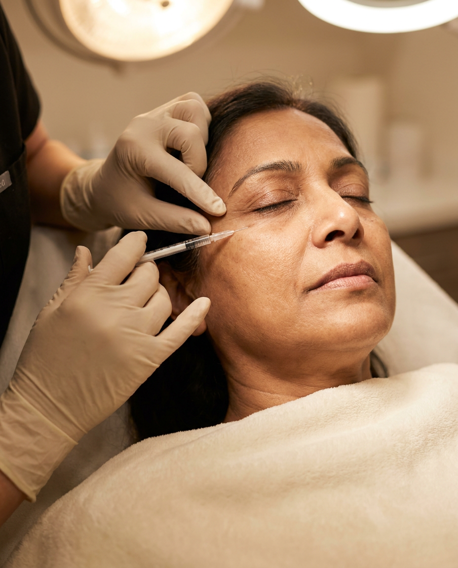 Provider treating fine lines under the eye with Belotero
