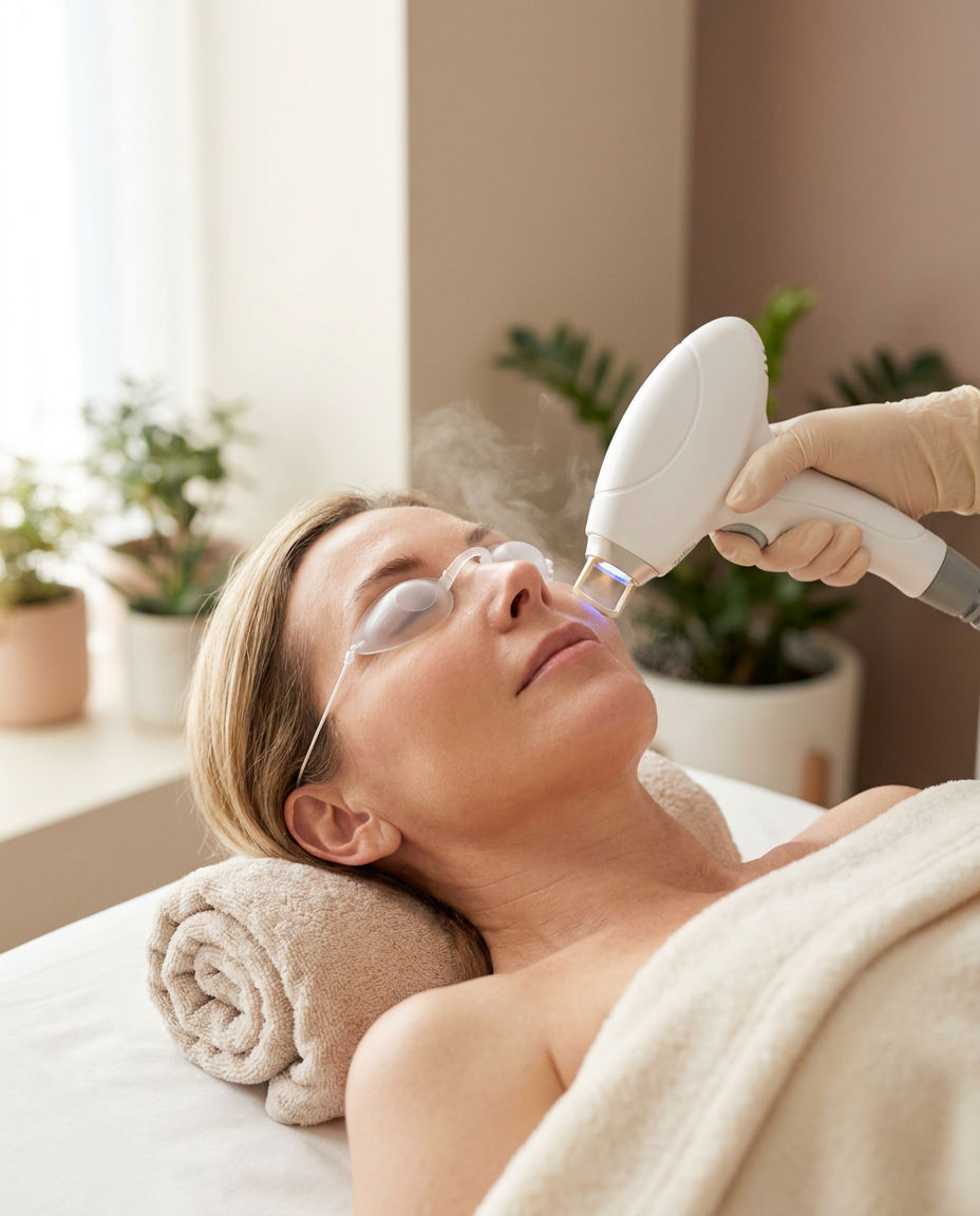 Woman receiving a Candela laser facial with cooling mist and protective eye shields