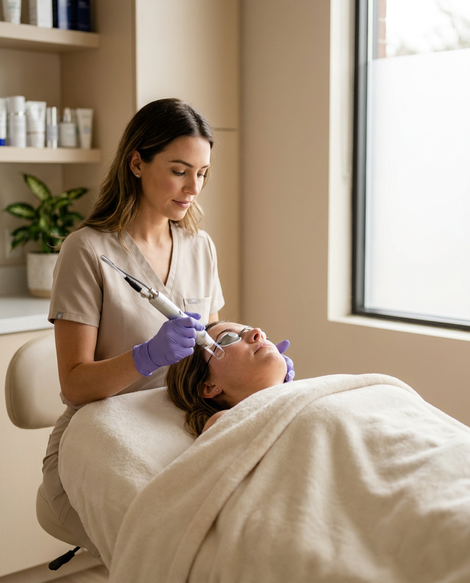 Provider performing a Hollywood Facial laser treatment on a client wearing protective eyewear