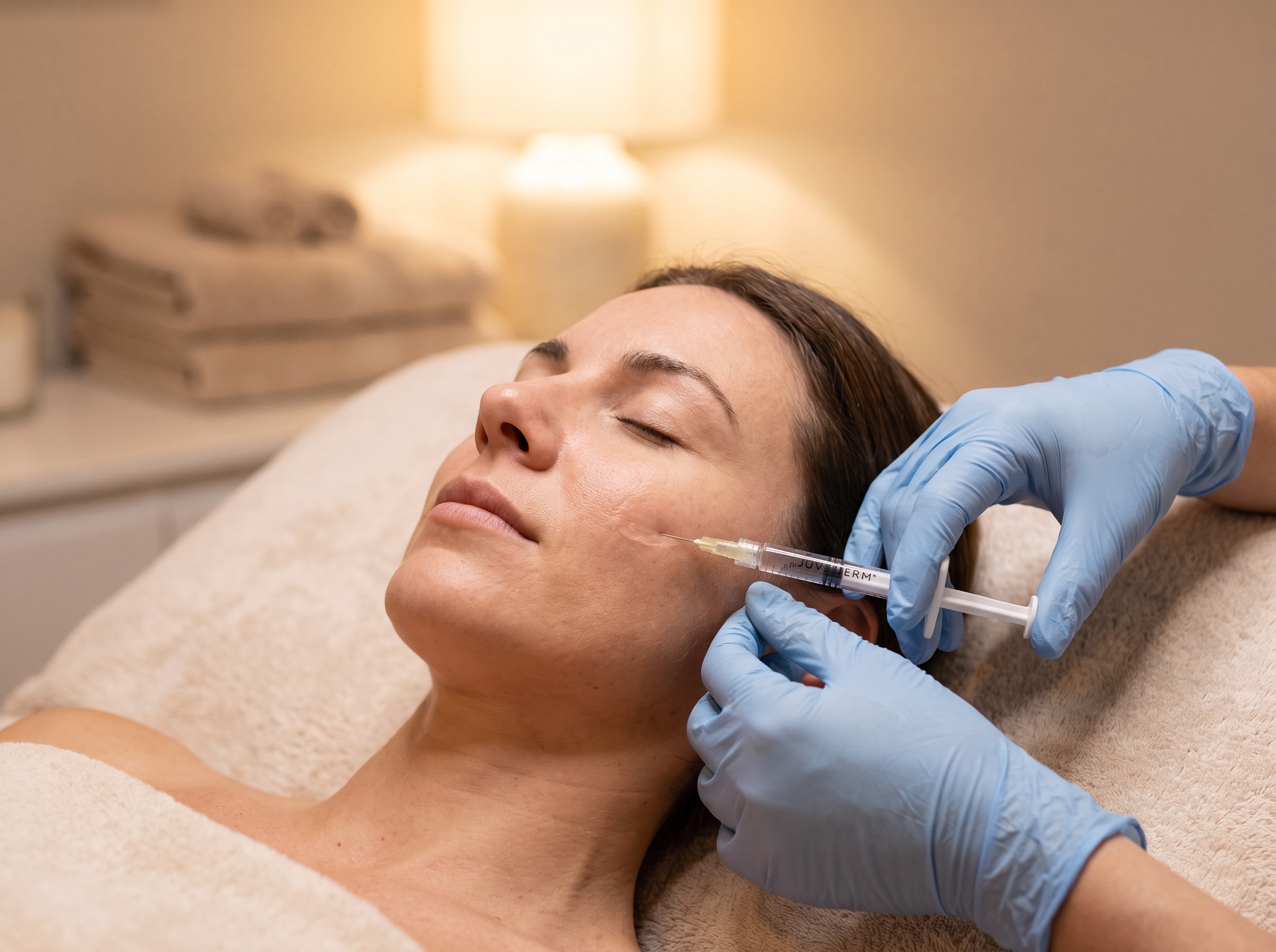 Provider in blue nitrile gloves injecting JUVEDERM dermal filler into a patient's cheek at Houston Wellness & Aesthetics