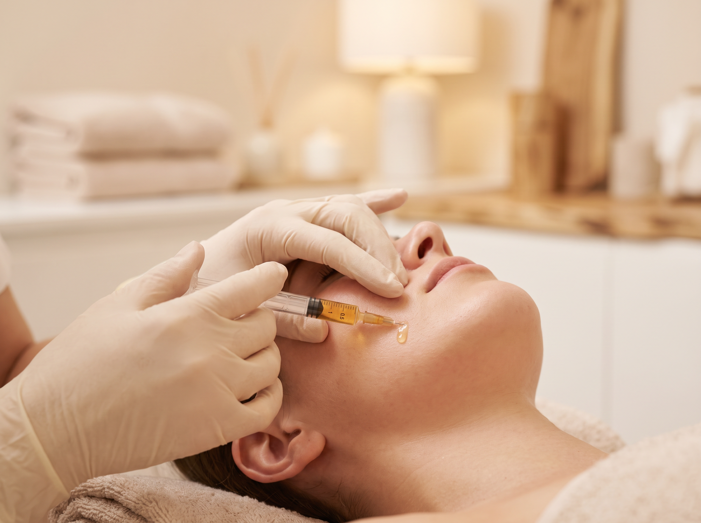 Provider applying golden PRP plasma to the skin during a PRP facial treatment