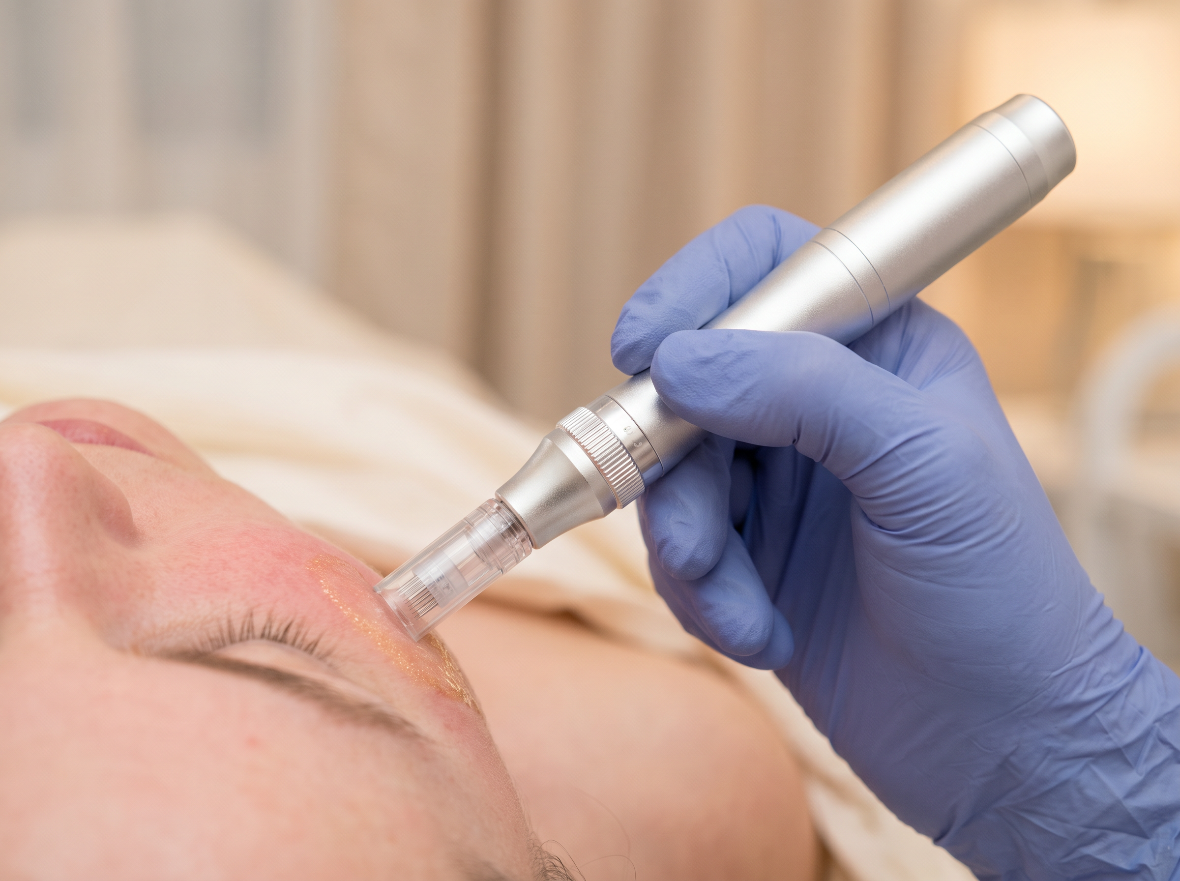 Esthetician using a microneedling pen during a PRP facial treatment at Houston Wellness & Aesthetics