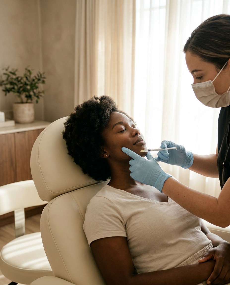Sculptra cheek volume treatment Provider injecting Sculptra to restore cheek volume