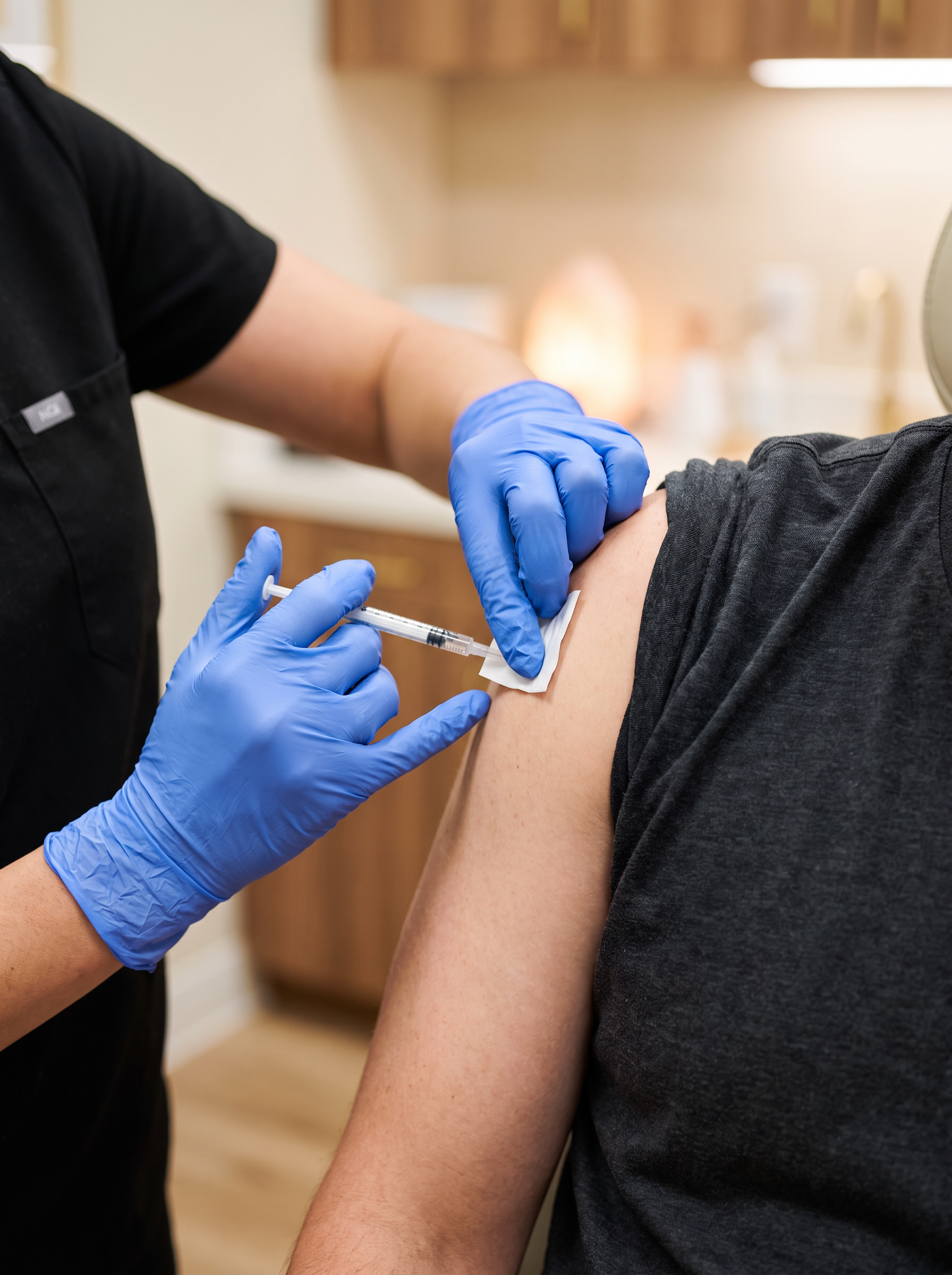 B-12 injection in the arm at Houston Wellness & Aesthetics Provider in black scrubs administering a B-12 injection to a patient's upper arm at Houston Wellness & Aesthetics