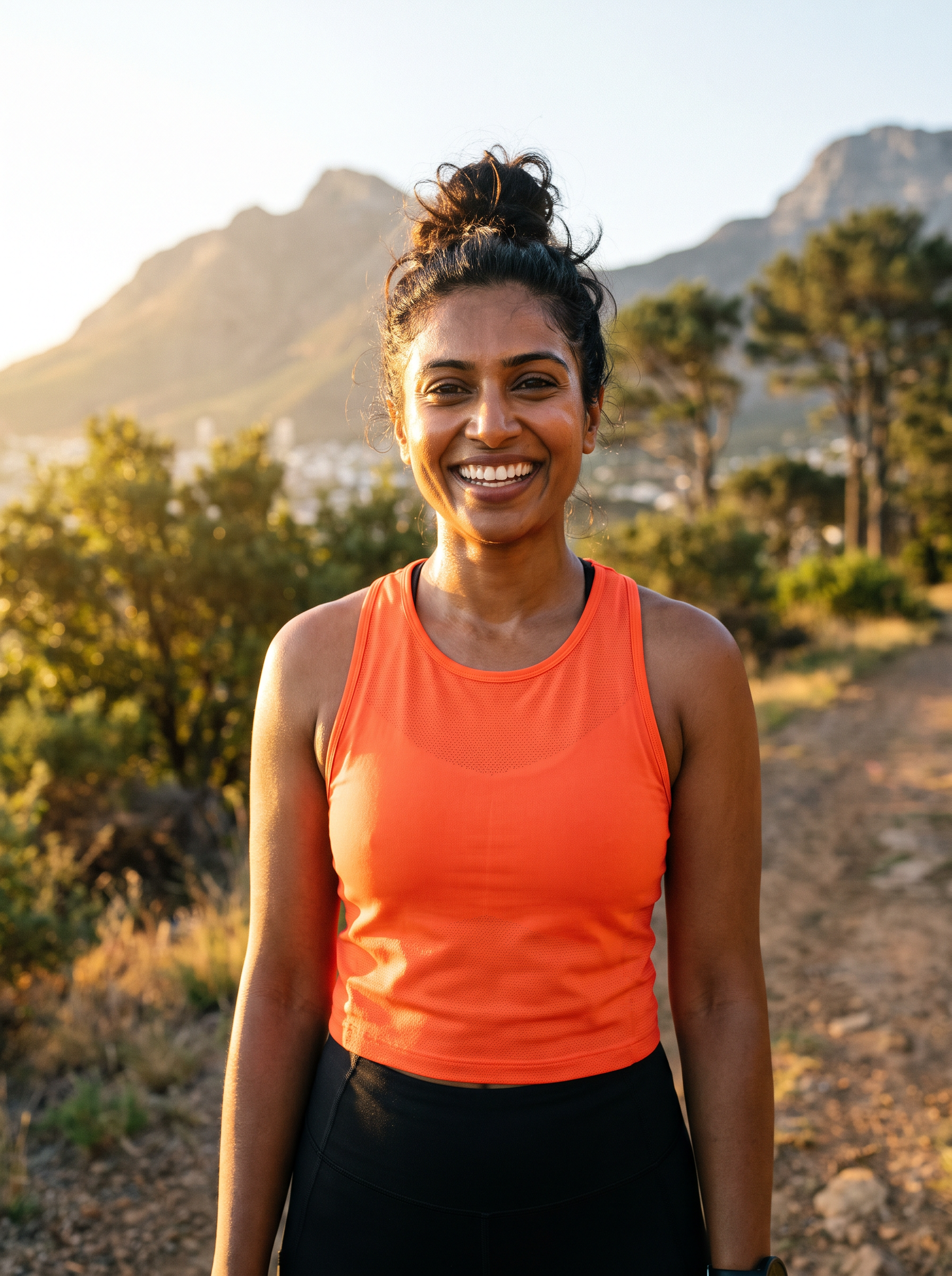 Energized and refreshed after B-12 injections Smiling woman in an orange athletic top standing on a sunlit trail with mountains in the background.
