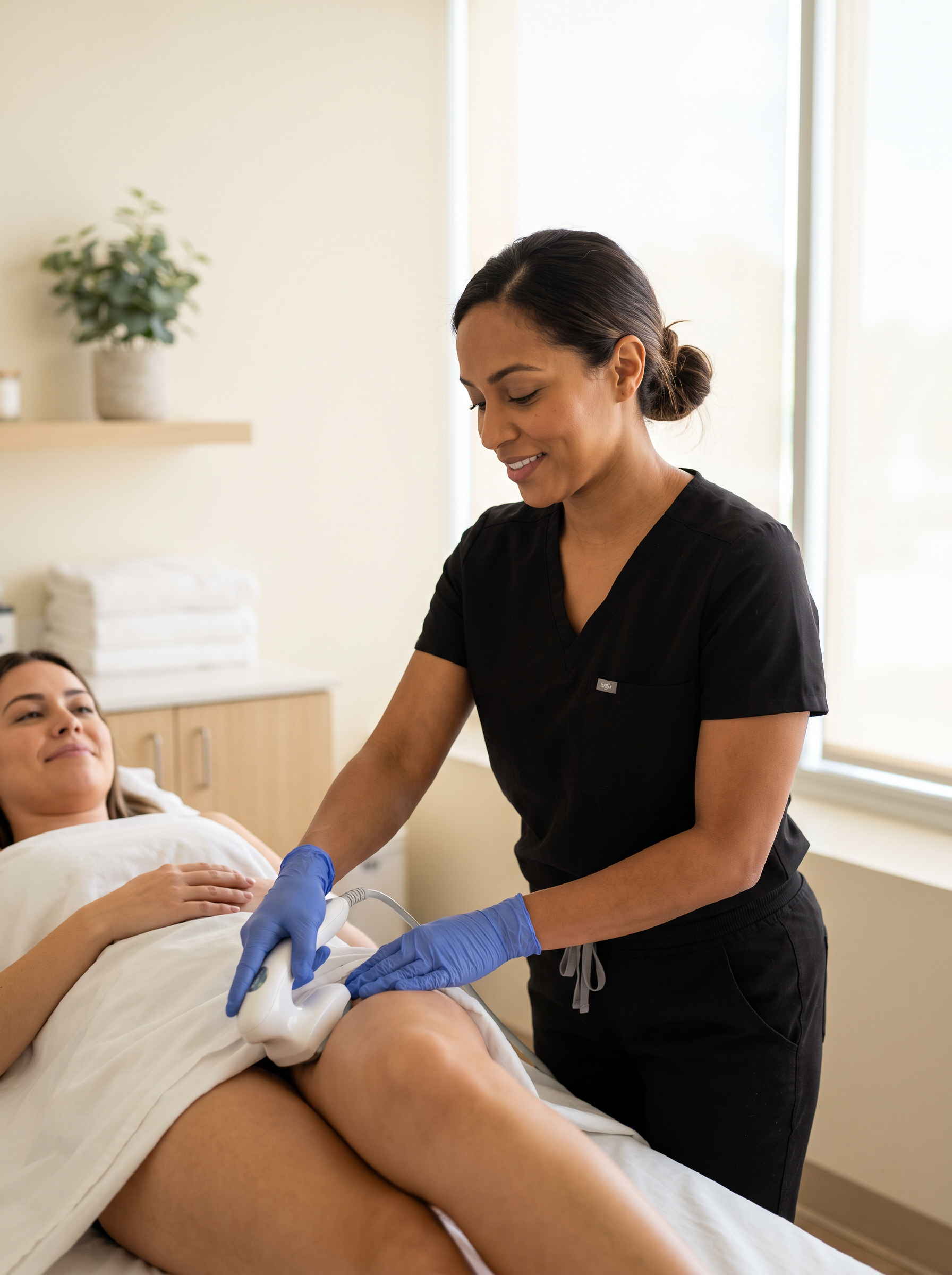 Female provider in black scrubs performing a non-surgical cellulite reduction treatment on the hip at Houston Wellness & Aesthetics in Houston