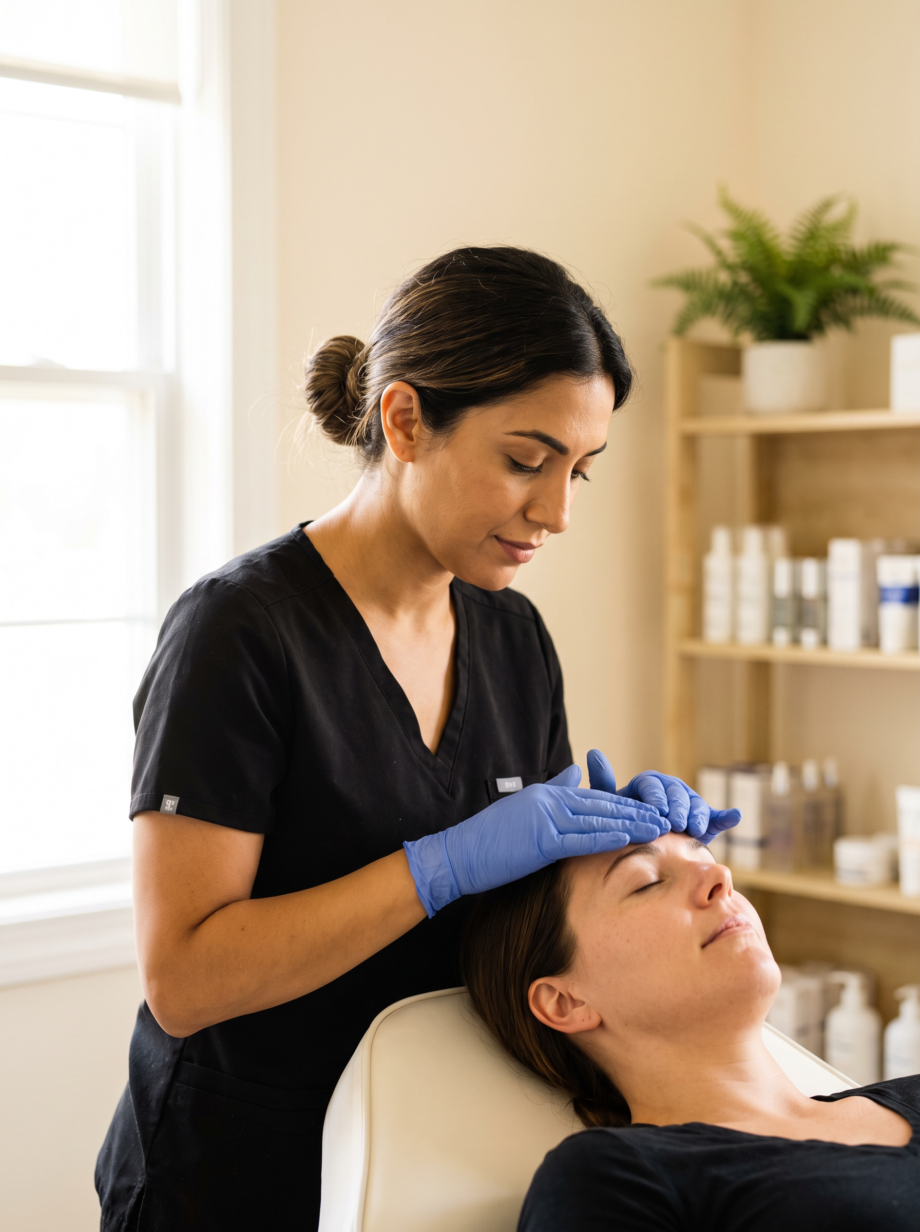 Provider in black scrubs assessing frown lines before Dysport at Houston Wellness & Aesthetics in the Houston Heights
