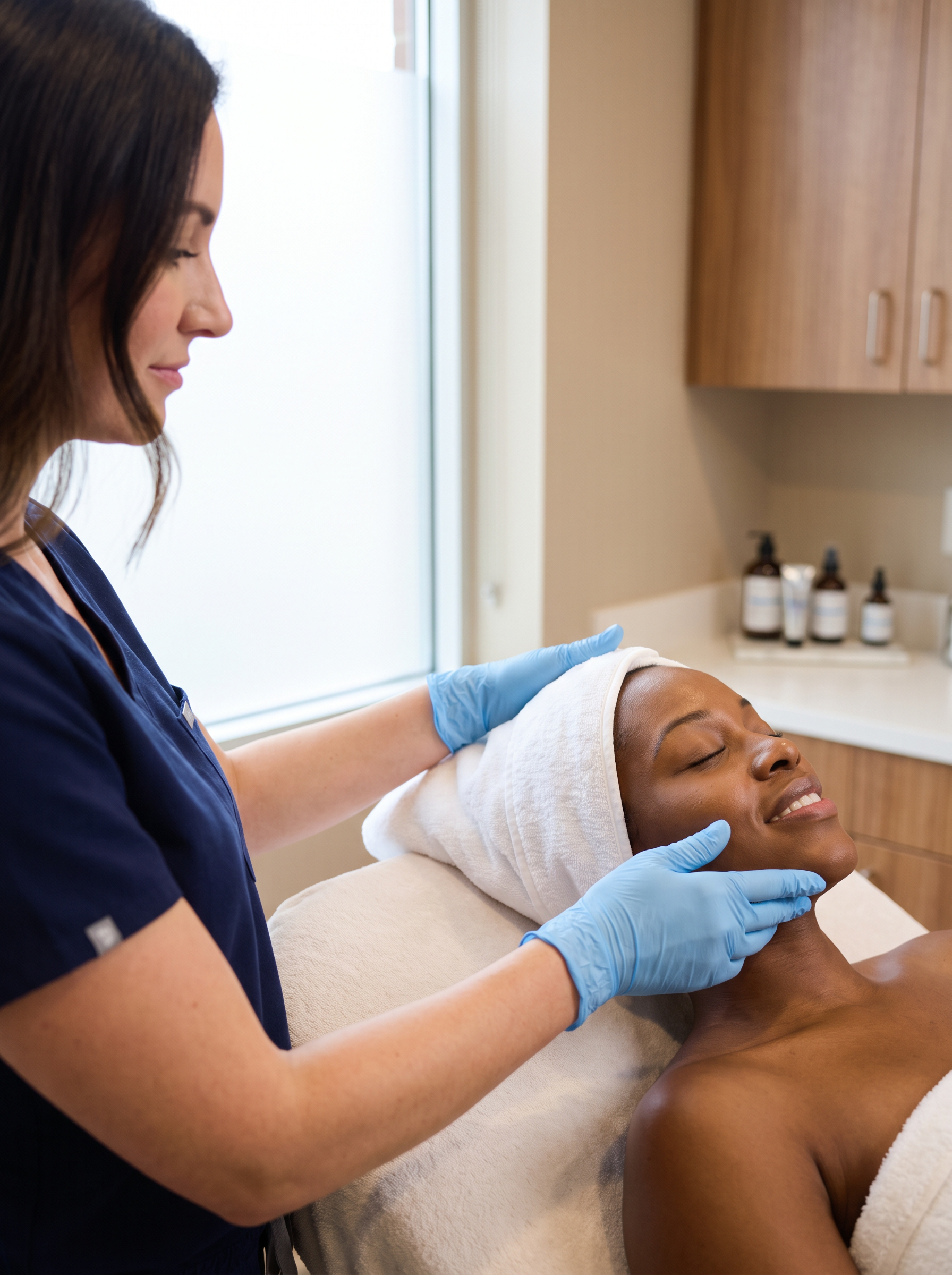 Provider assessing the jawline and chin by hand before Radiesse filler at Houston Wellness & Aesthetics in Houston