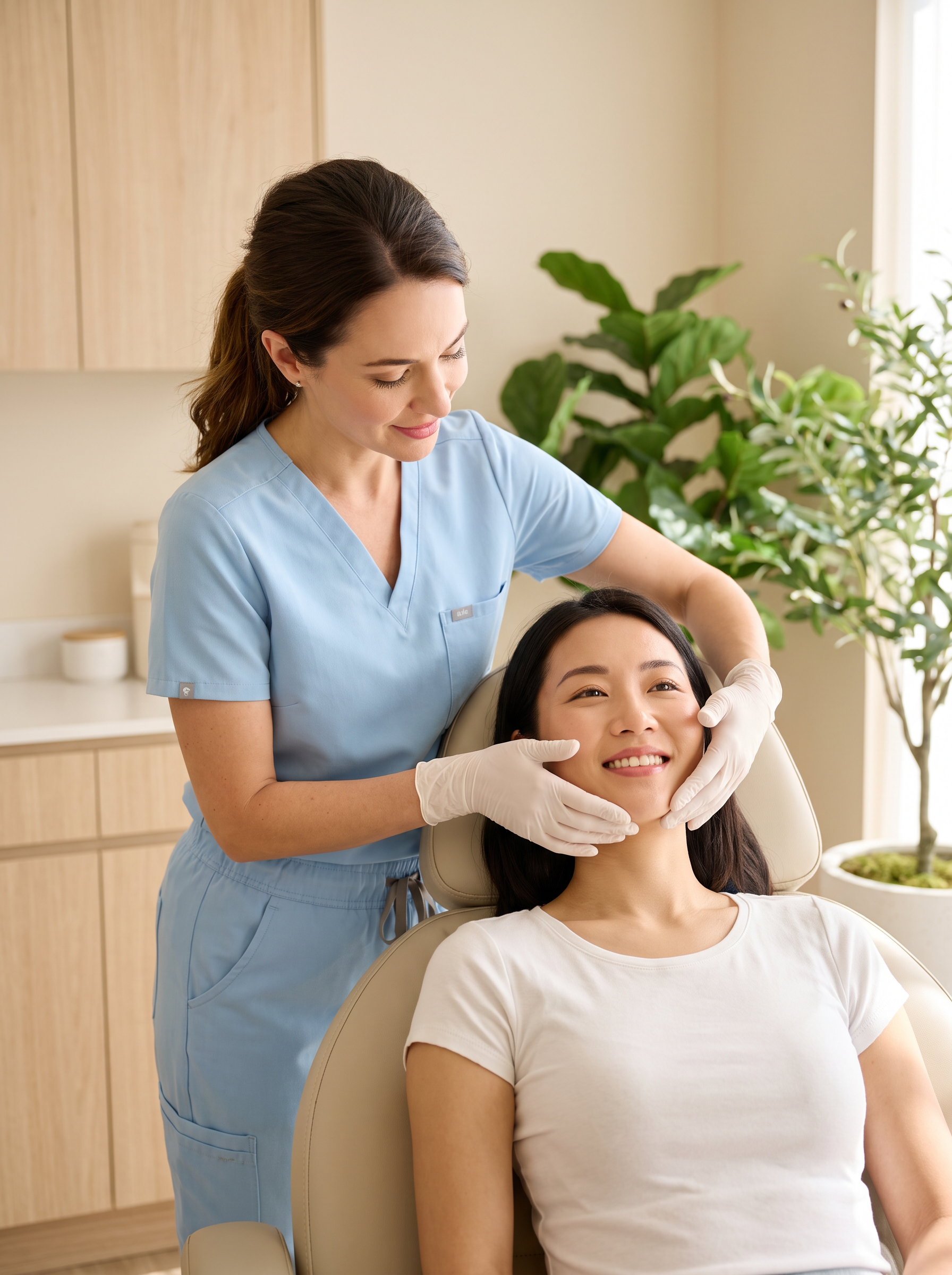 Provider assessing a smiling patient's lips before RHA lip filler at Houston Wellness & Aesthetics in Houston