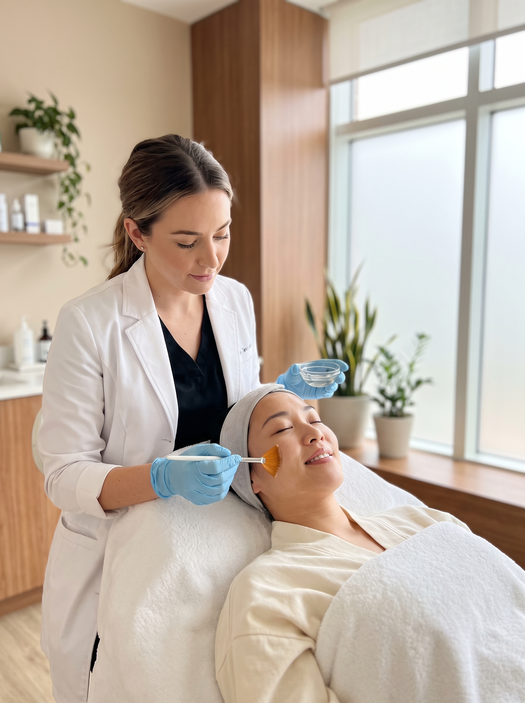 Provider applying a SkinMedica Vitalize Peel to a patient's face at Houston Wellness & Aesthetics in Houston